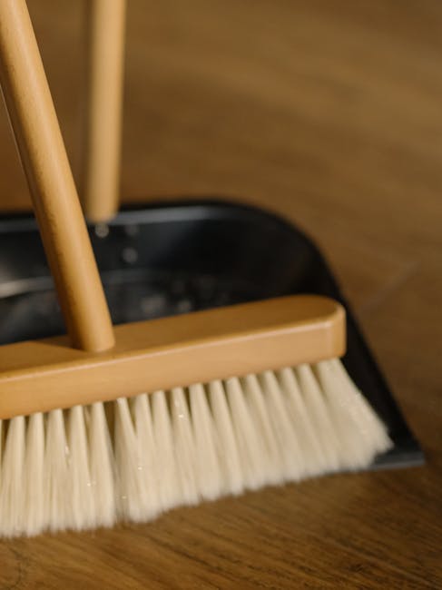 Close-up image of a household cleaning brush with beige plastic bristles and a wooden handle, placed inside a black dustpan on a wooden floor. The floor surface appears clean and well-maintained, with